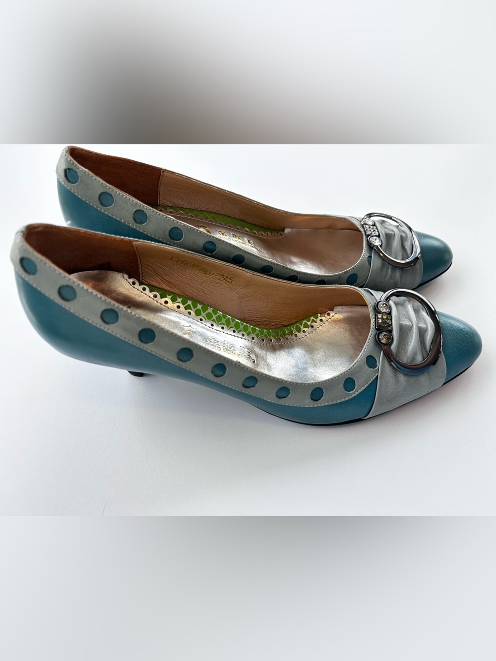 Vintage Y2K Turquoise Teal and Silver Polka Dot Kitten Cat Heel Pumps